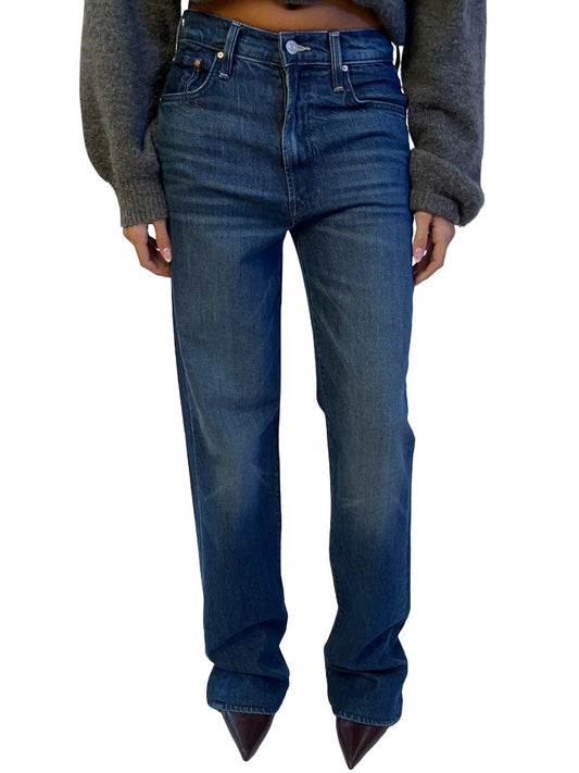 Mother Superior Mid Blue Wash High Rise 'Rambler Zip Heel' Straight Leg Jean. Size: 26