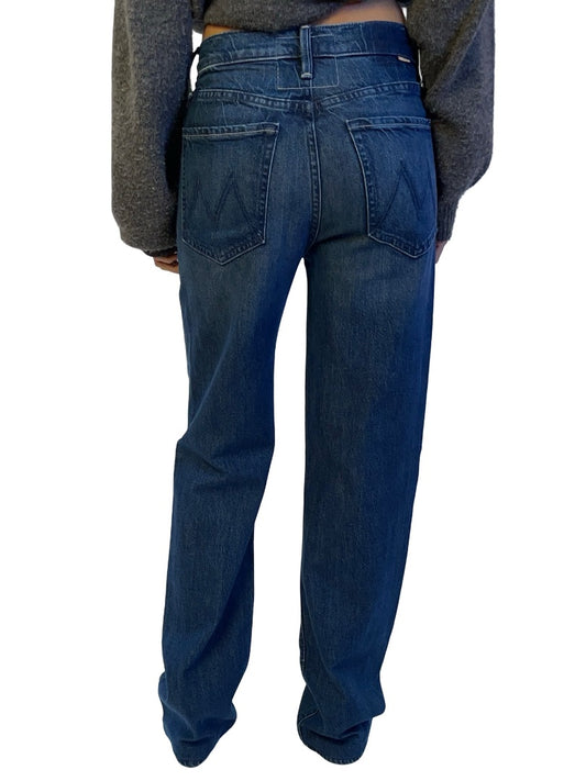 Mother Superior Mid Blue Wash High Rise 'Rambler Zip Heel' Straight Leg Jean. Size: 26