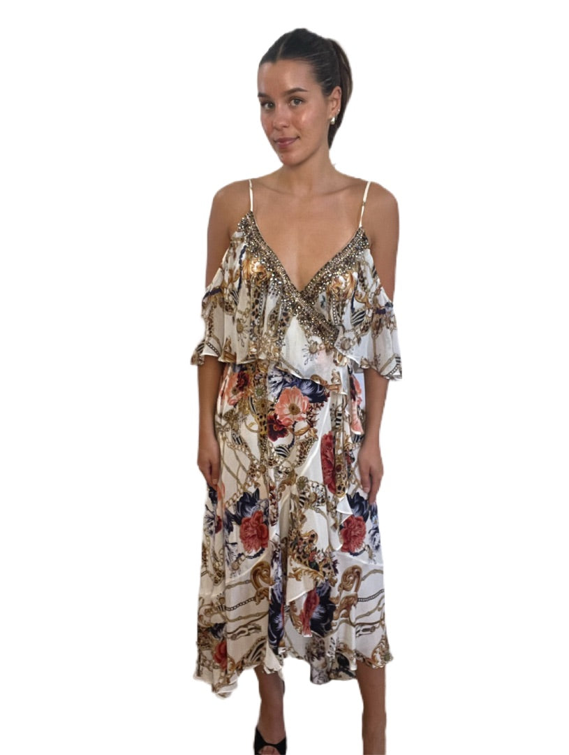 Camilla White & Print Silk Wrap Tiered Dress. Size: XXS