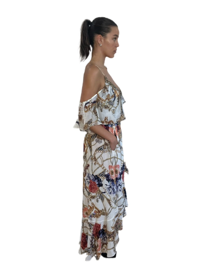 Camilla White & Print Silk Wrap Tiered Dress. Size: XXS