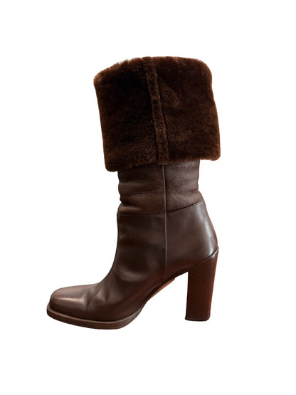 Prada Brown Faux Fur Cuffed Leather Heeled Boots. Size: 38.5