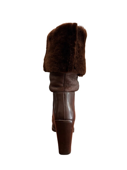 Prada Brown Faux Fur Cuffed Leather Heeled Boots. Size: 38.5