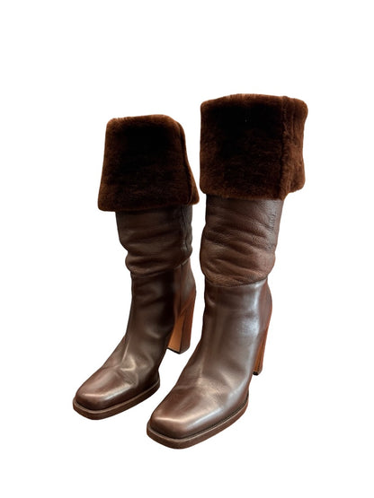 Prada Brown Faux Fur Cuffed Leather Heeled Boots. Size: 38.5