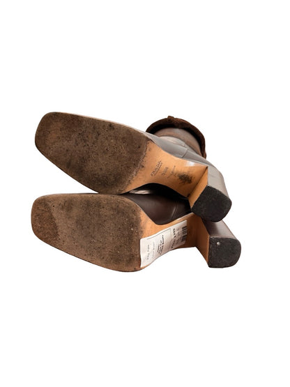 Prada Brown Faux Fur Cuffed Leather Heeled Boots. Size: 38.5