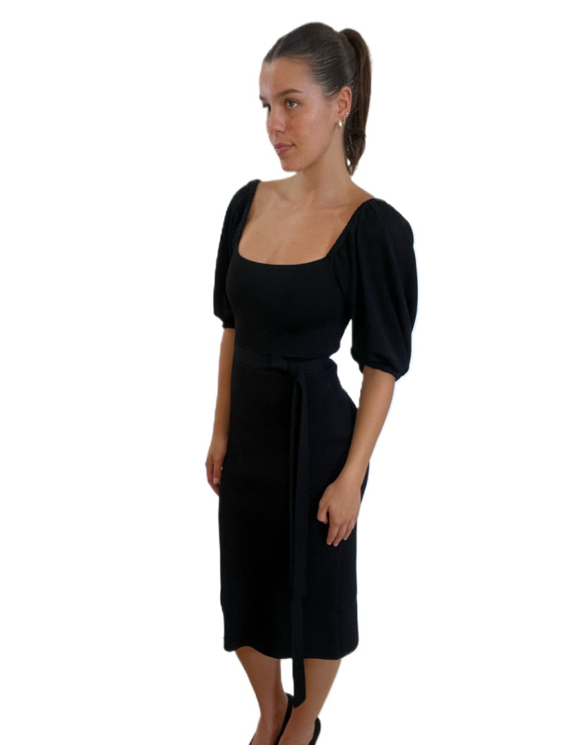 Scanlan Theodore Black Puffy Sleeve Knit Midi Dress with Belt. Size: Small