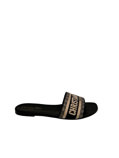 Christian Dior Deep Blue Embroidered Cotton 'Dway Slide'. Size: 38.5