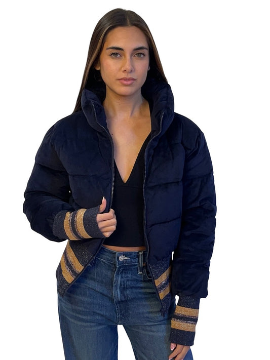 Unreal Fur Navy Cropped 'Dublin' Metallic Striped Puffer Jacket. Size: S