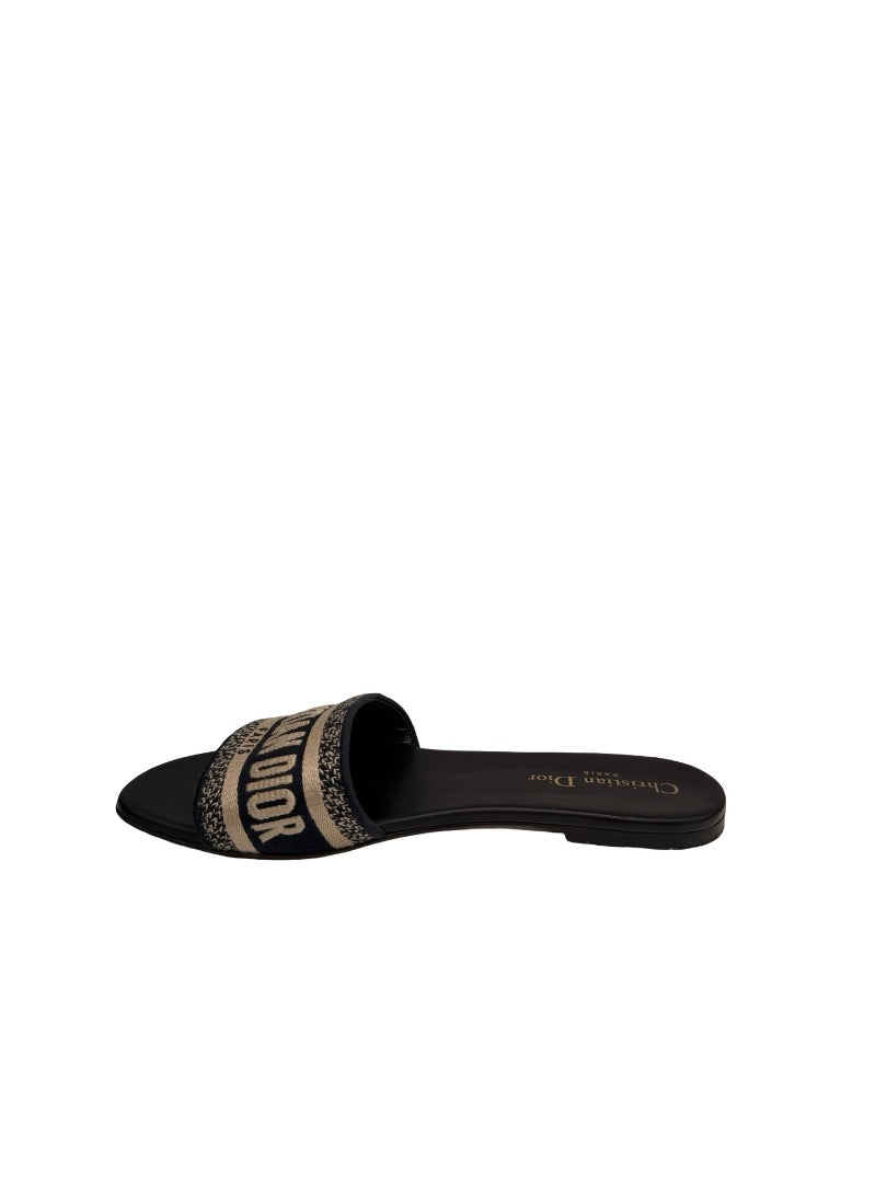 Christian Dior Deep Blue Embroidered Cotton 'Dway Slide'. Size: 38.5