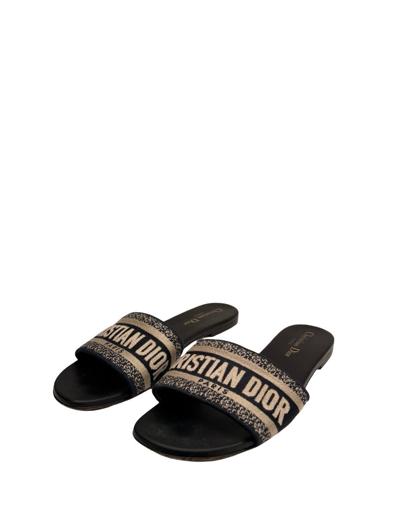 Christian Dior Deep Blue Embroidered Cotton 'Dway Slide'. Size: 38.5