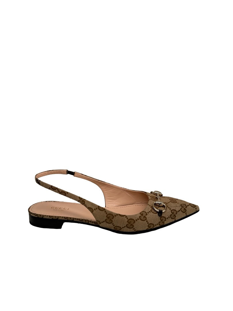 Gucci Beige/Brown GG Canvas Slingback Horsebit Flats. Size: 39.5