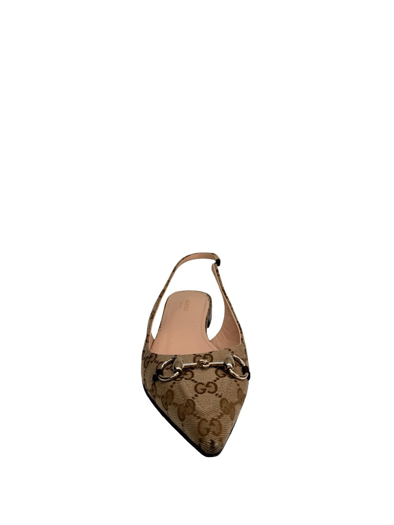 Gucci Beige/Brown GG Canvas Slingback Horsebit Flats. Size: 39.5
