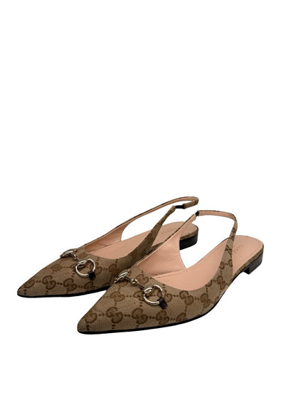 Gucci Beige/Brown GG Canvas Slingback Horsebit Flats. Size: 39.5