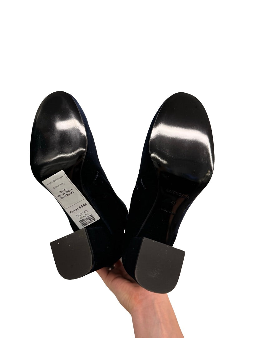 Balenciaga Navy Velvet Block Heel Boots. Size: 41