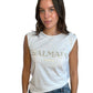 Balmain White & Gold Sleeveless T-Shirt w Logo on Front. Size: 34