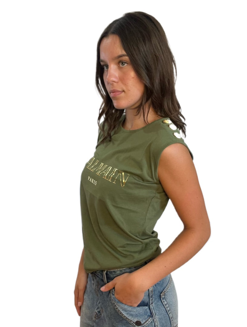 Balmain Sleeveless T-Shirt w Gold Buttons. Size: 34