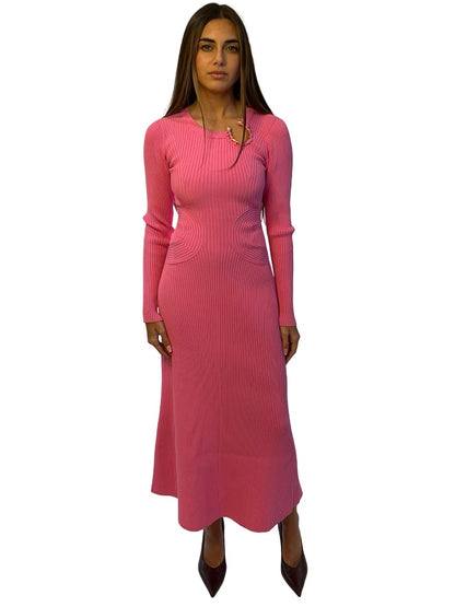 Aje Pink Ribbed 'Crescent' Midi Dress W Pearl Embellished Hardware. Size: XXS