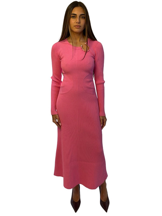 Aje Pink Ribbed 'Crescent' Midi Dress W Pearl Embellished Hardware. Size: XXS
