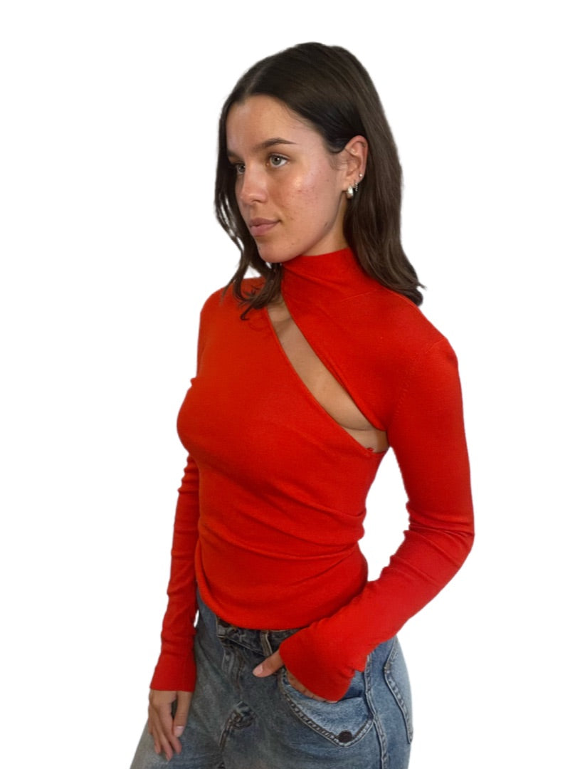 Dion Lee Red High Neck Long Sleeve Cut-Out Knit. Size: XS