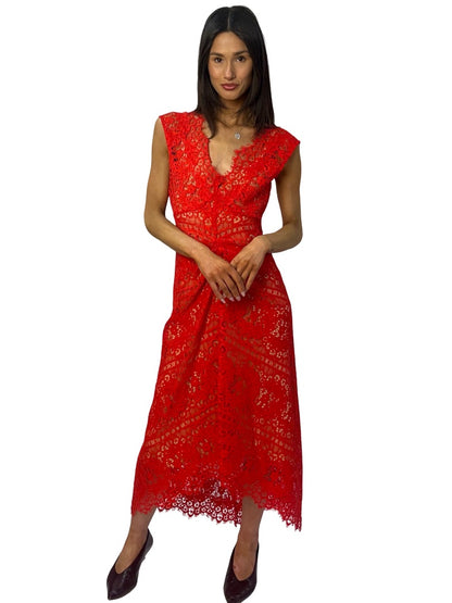 Sacha Drake Red Lace Gathered Front Dress W Nude Slip. Size: 8