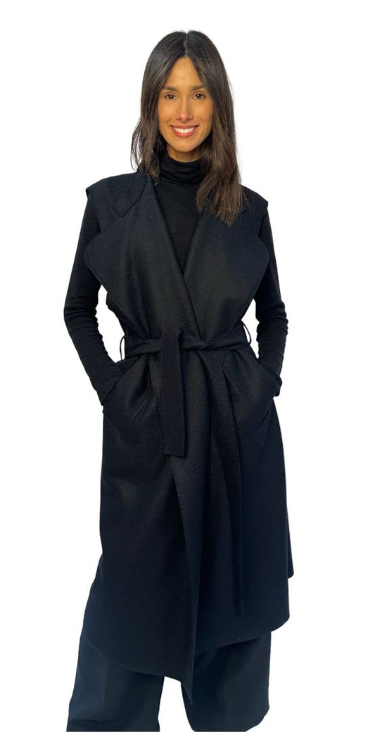 Harris Wharf London Black Wool Sleeveless Belted Coat. Size: 40