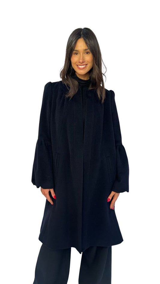 Diane Von Furstenberg Navy Wool Puff Sleeve Collarless Coat. Size: 10