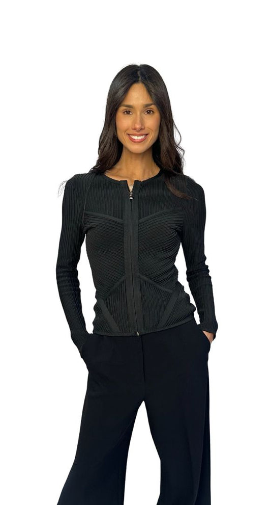 Herve Leger Black Zip Up Ribbed Long Sleeve Top. Size: S
