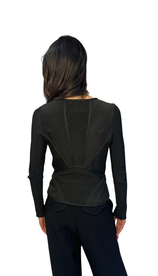 Herve Leger Black Zip Up Ribbed Long Sleeve Top. Size: S