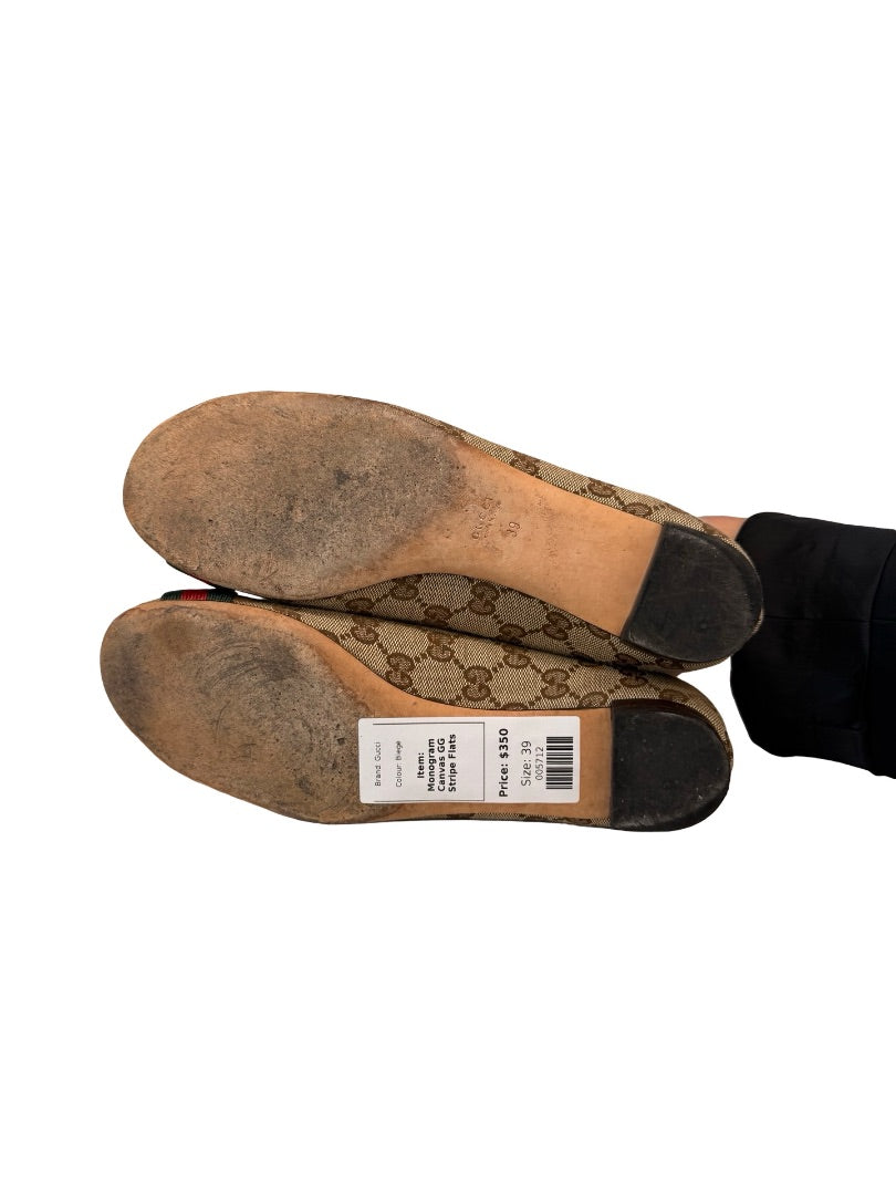 Gucci Biege Monogram Canvas GG Stripe Flats. Size: 39