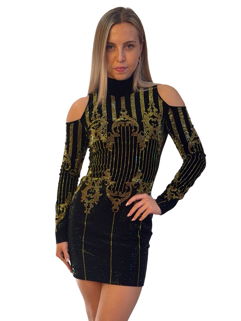 Balmain Black/Gold Shoulder Cut Out Glass & Metal Embellished Dress. Size: 38