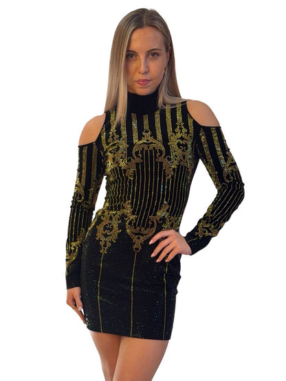 Balmain Black/Gold Shoulder Cut Out Glass & Metal Embellished Dress. Size: 38