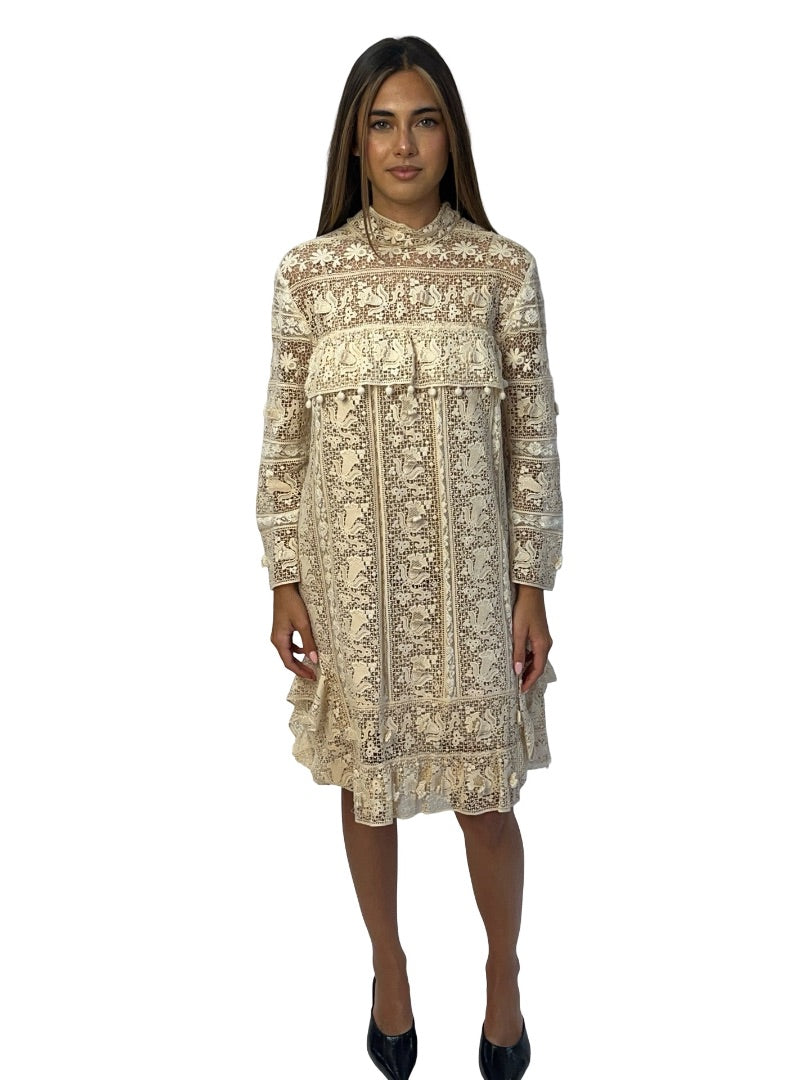 Isabel Marant Cream Lace Embroidered Dress w/ Floral Appliques. Size: 42