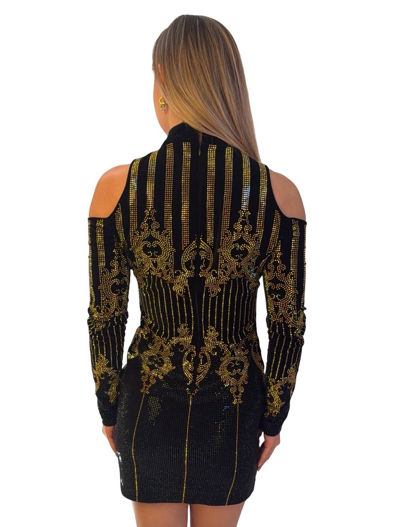 Balmain Black/Gold Shoulder Cut Out Glass & Metal Embellished Dress. Size: 38