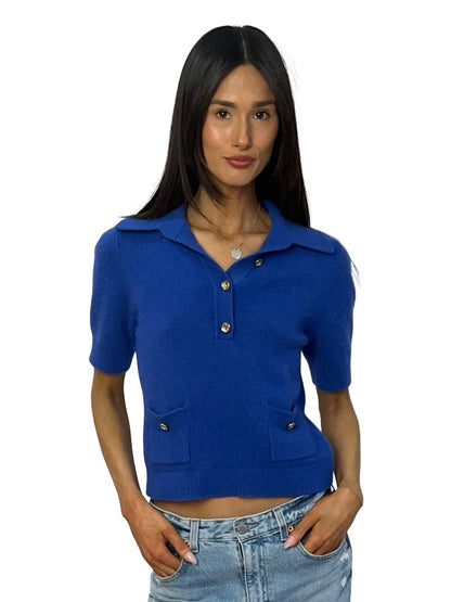 Scanlan Theodore Blue Cashmere Polo Top W Gold Buttons. Size: M