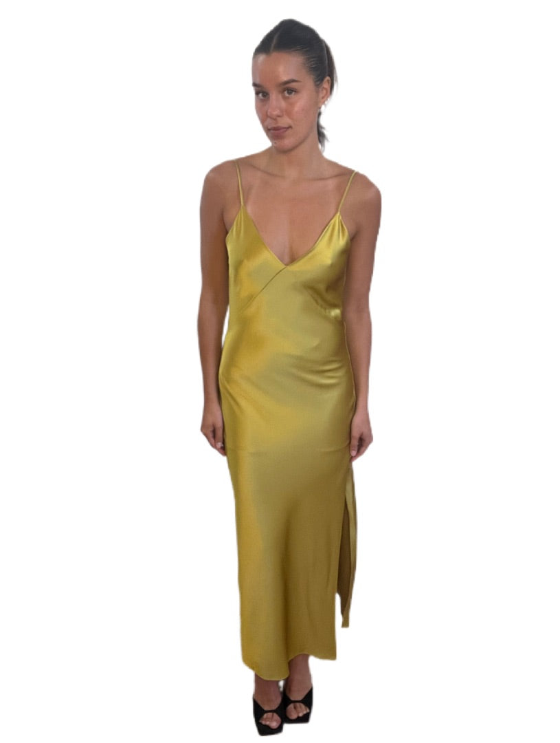 Rag & Bone Olive Gold V Neck Maxi Slip Dress. Size: 00