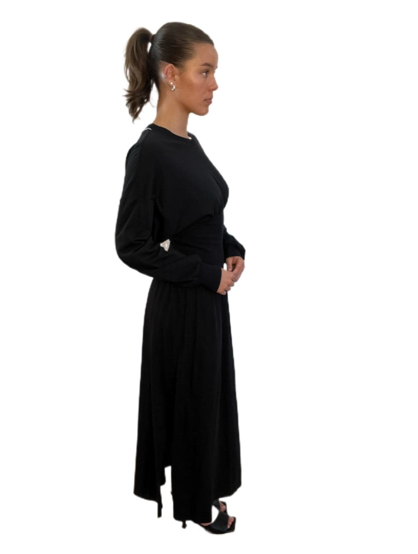 Bassike Black Ribbed Long Sleeve Midi Dress w Slit. Size: S