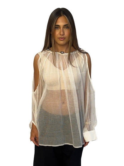 Aje White Sheer Shoulder Cutout Top w/ Floral Neck. Size: 8