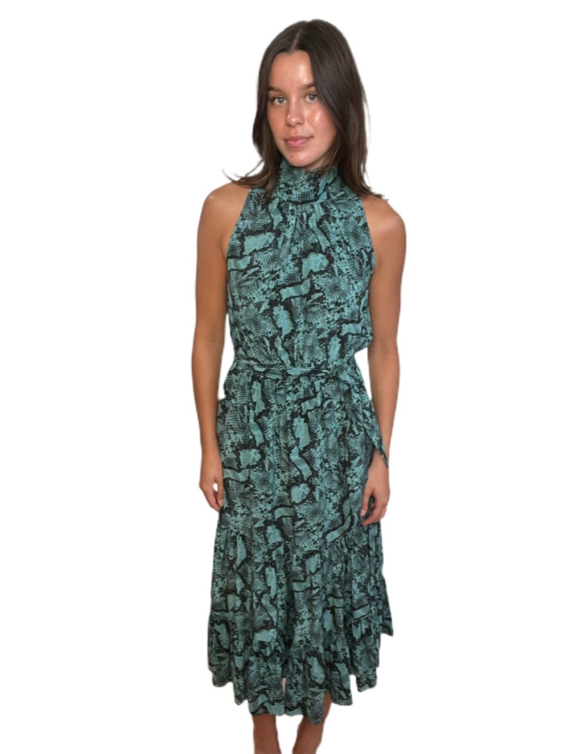 Husk Green & Black Maxi Sleeveless Snake Print Dress. Size: 10