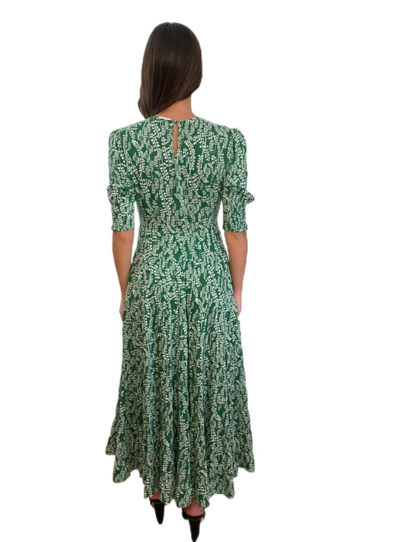 Rixo Green & White Maxi Leaf Print Round Neck Dress. Size: S