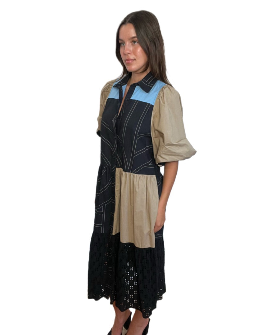 Second Female Black, Tan & Blue Maxi Button-Up Patterned Dress. Size: S