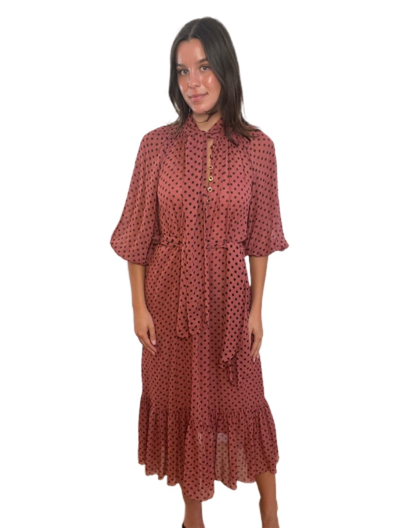 Zimmermann Coral & Black Maxi Polka Dot Long Sleeve Dress w Matching Slip. Size: 0