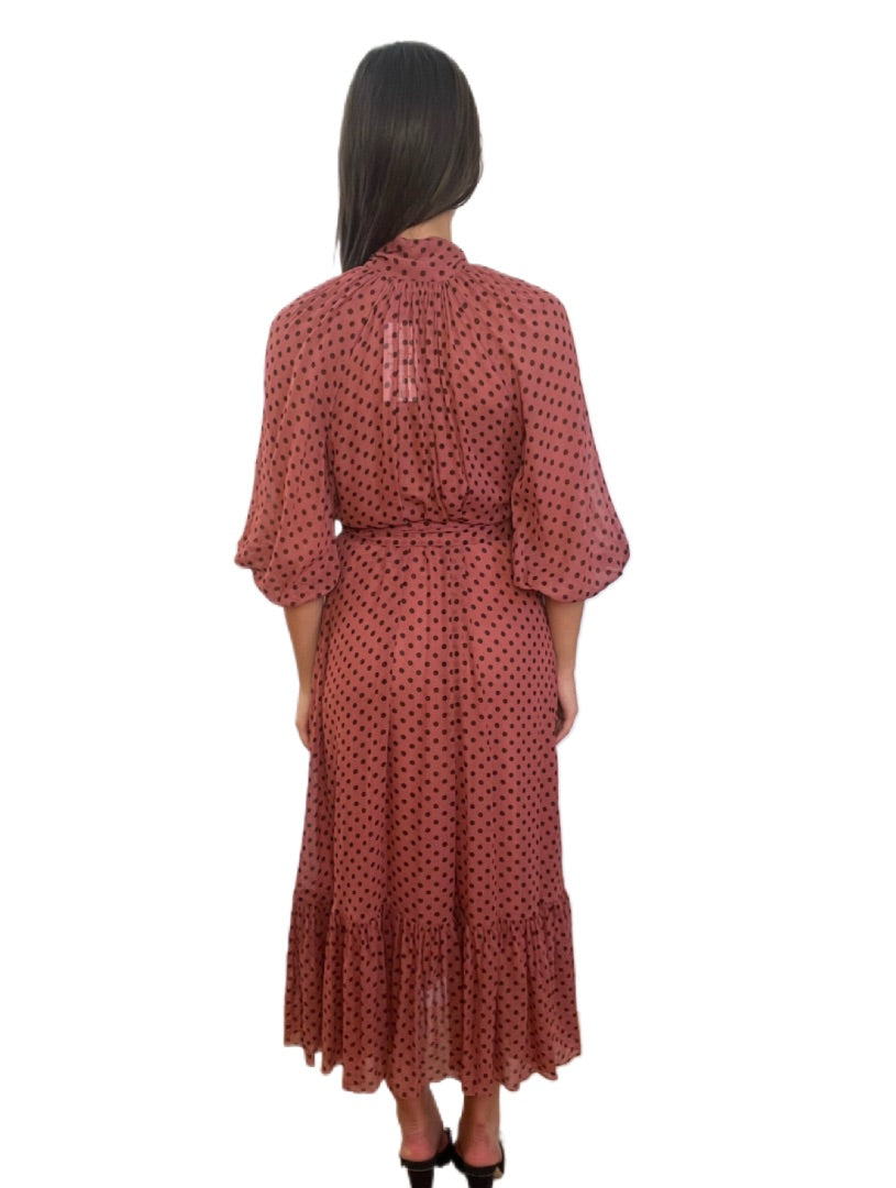 Zimmermann Coral & Black Maxi Polka Dot Long Sleeve Dress w Matching Slip. Size: 0