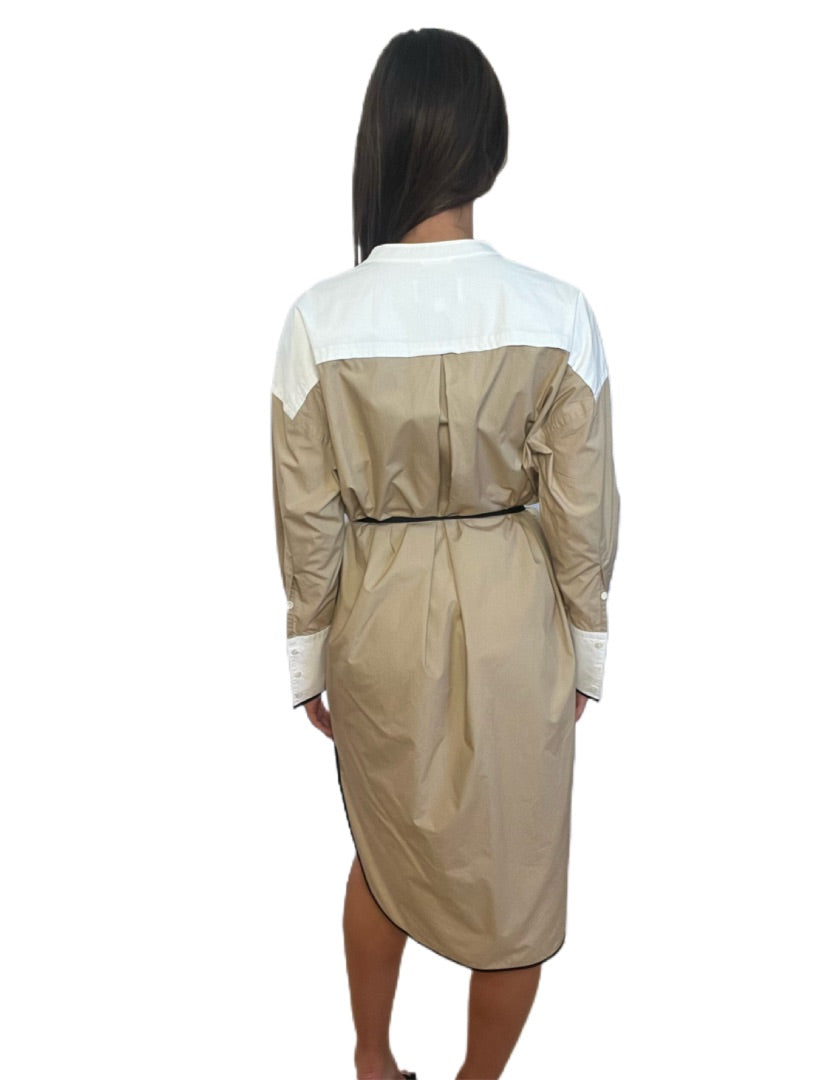 Oroton White & Tan Long Shirt Dress w Large Front Pockets. Size: 6