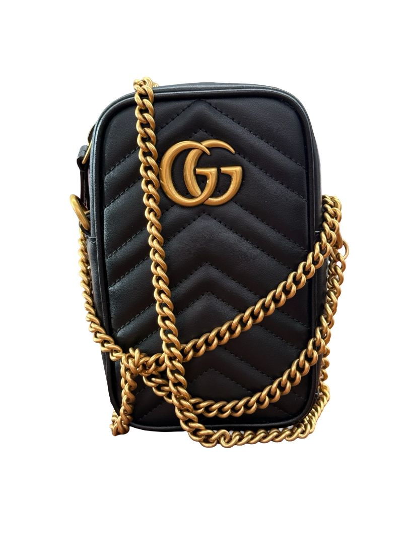 Gucci Black 'GG Marmont Matelasse' Mini Crossbody Bag.