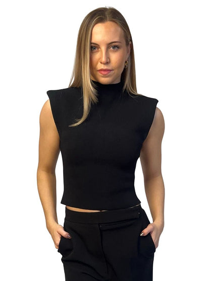 Scanlan Theodore Black Crepe Knit 'Milano' Sleeveless Shoulder Pad Top. Size: 8