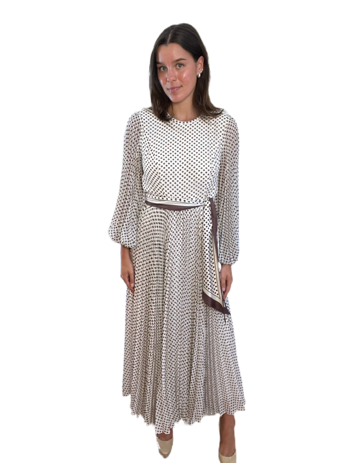 Zimmermann White & Brown Long Sleeve Polka Dot Dress. Size: 2