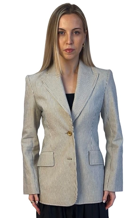 Scanlan Theodore Neutral / Navy Dashed Pinstripe Blazer. Size: 8