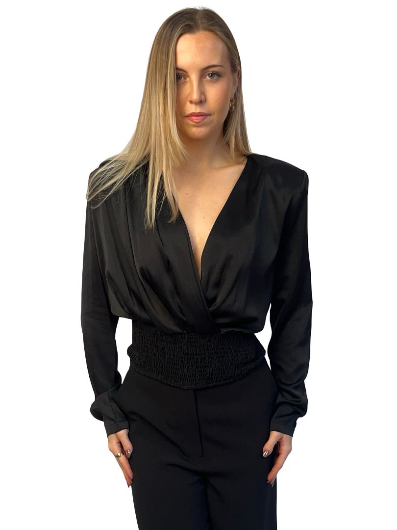 Scanlan Theodore Black Shirred Hem Silk Wrap Blouse. Size: 12