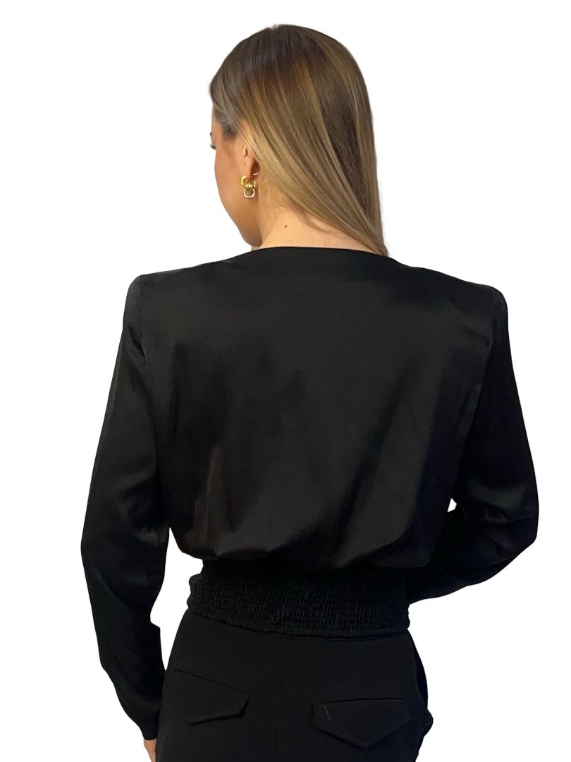 Scanlan Theodore Black Shirred Hem Silk Wrap Blouse. Size: 12