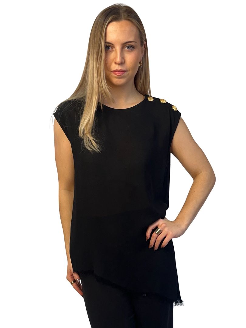 Balmain Black Sheer Asymmetric Gold Button Blouse. Size: 40
