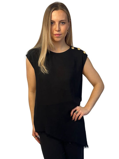Balmain Black Sheer Asymmetric Gold Button Blouse. Size: 40